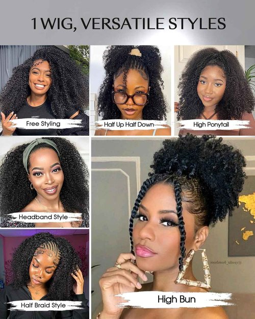 FACMOOD Kinky Curly Half Wig Human Hair 200% Density Wear and Go Glueless Wigs Human Hair Half Wigs with Drawstring 3 In 1 Flip Over Headband Wig for Women Beginner Friendly 16 inch
