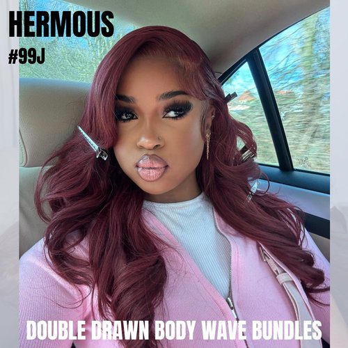 HERMOUS 13A Double Drawn Dark Burgundy Human Hair Bundles Body Wave 22 Inch, Double Lifespan Than Regular, Keep Silky And Soft After Washes Colored #99J Wine Cherry Red Single Bundles Raw Hair Sew In