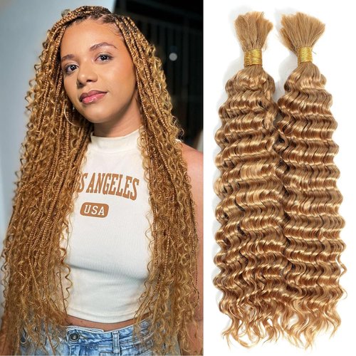Leruikair Deep Wave Human Braiding Hair 50g Per Bundle 2 Pcs Total 100g 24 Inch Color 27# Honey Blonde Brazilian Virgin Bulk No Weft Braiding Human Hair for Black Women