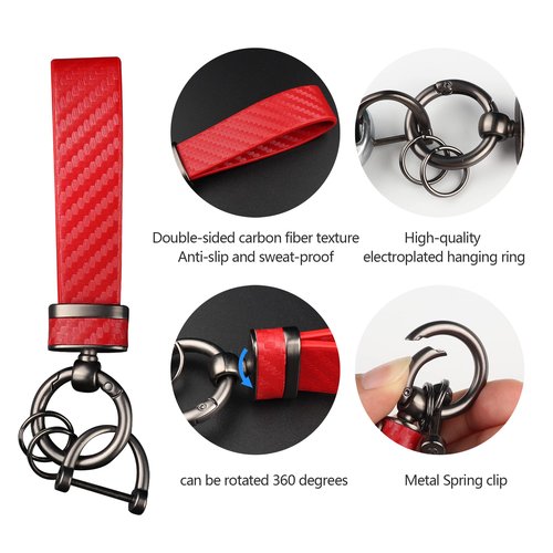Turcee Carbon Fiber Keychain, Interior Accessories Leather Key Fob, Car Accessories Key Ring & Anti-Lost D-Ring (Red)