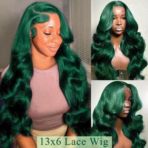 haha 13x6 Lace Front Green Human Hair Blend Wig Body Wave Dark Green Wig Human Hair Transparent HD Lace Frontal 13x6 Glueless Pre Plucked With Baby Hair 180% Density 24 Inch