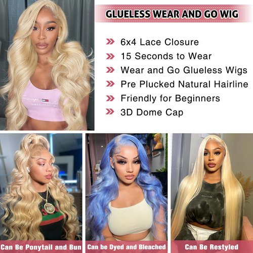 Closure Wig Glueless Wigs Pre Plucked & Cut 180% Density Wear & Go Glueless Wig 6x4 HD Body Wave Lace Front Wig 18 Inch