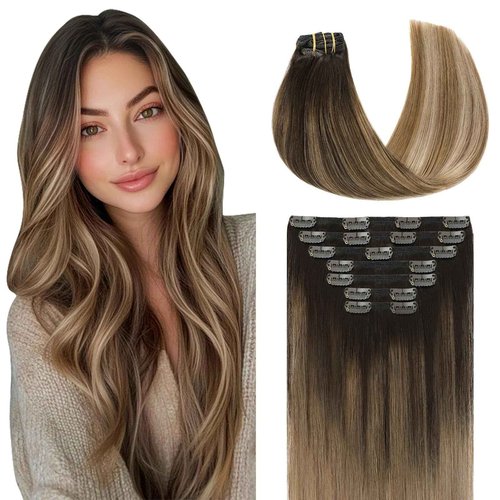 Youngsmile Balayage Clip in Hair Extensions Human Hair 14 Inch Real Human Hair Extensions Clip in Darkest Brown Fading to Brown With Ash Blond 7 Pcs 140 Gram (7C#2/6/18-14Inch)