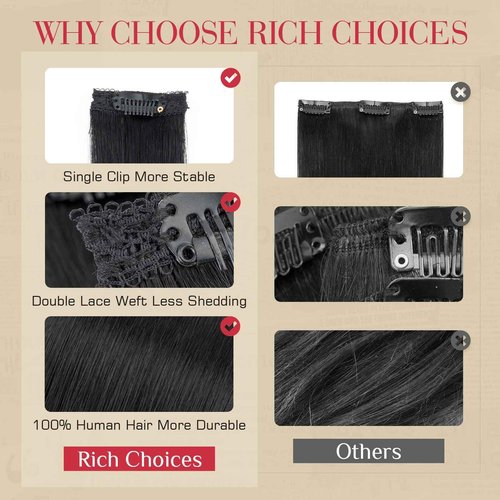 Rich Choices Real Human Hair Clip In Extensions-6 Pcs Single Clip Design-100% Remy Hairs Invisible Clip in Extensions for Thin Hair-Seamless Hairpieces for Women/Men-20 Inches #1Jet Black