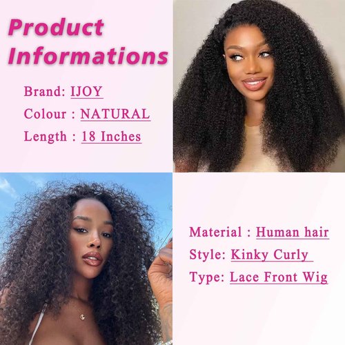 ijoy 18 Inch KinkyCurly Wig Human Hair 13x4 Natural Black Lace Front Wigs Afro Curl Full and Thick 180 Density Brazilian Virgin Human Hair Wig for Black Women Afro kinky Curly
