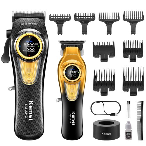 KEMEI Professional Hair Clippers for Men, Cordless Barber Clippers with LED Display and Charging Base, T-Blade Hair Trimmer, KM-2242, KM-1677