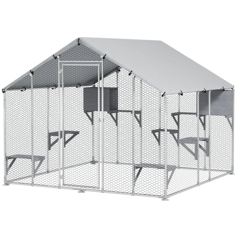 Outdoor Cat Enclosure with Waterproof Cover - Large Pet Playhouse, Silver 1950x350x175 mm
