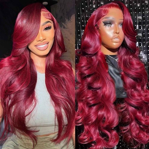 ZGBZGB 99j Burgundy Lace Front Wigs Human Hair 13x4 HD Transparent Body Wave Lace Front Wigs Human Hair Pre Plucked 180% Density Glueless Wine Red Human Hair Wigs for Women (28)
