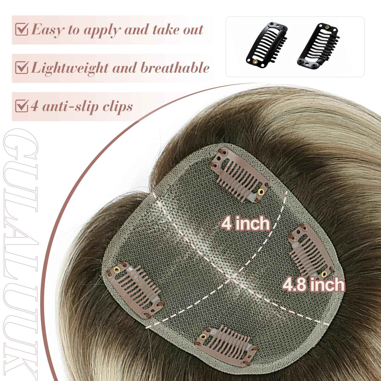 GULALUUK Hair Toppers for Women Human Hair Toppers Handmade Upgrade 10 * 12 cm Larger Swiss Base Wiglets Remy HairToppers 12 Inch HairToppers for Thining HairLoss Cover GrayHair 40g Ombre Light Brown
