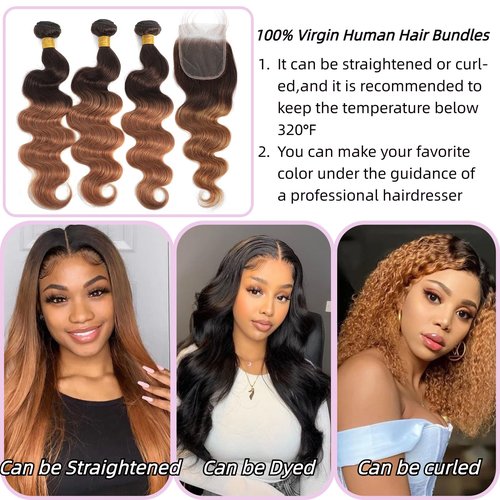 2 Tone Ombre Body Wave Hair 3 Bundles with 4x4 Free Part Lace Closure 100% Unprocessed Brazilian Remy Virgin Hair Body Wave Human Hair Bundles with Closure (14 16 18+12" 4x4 Closure)