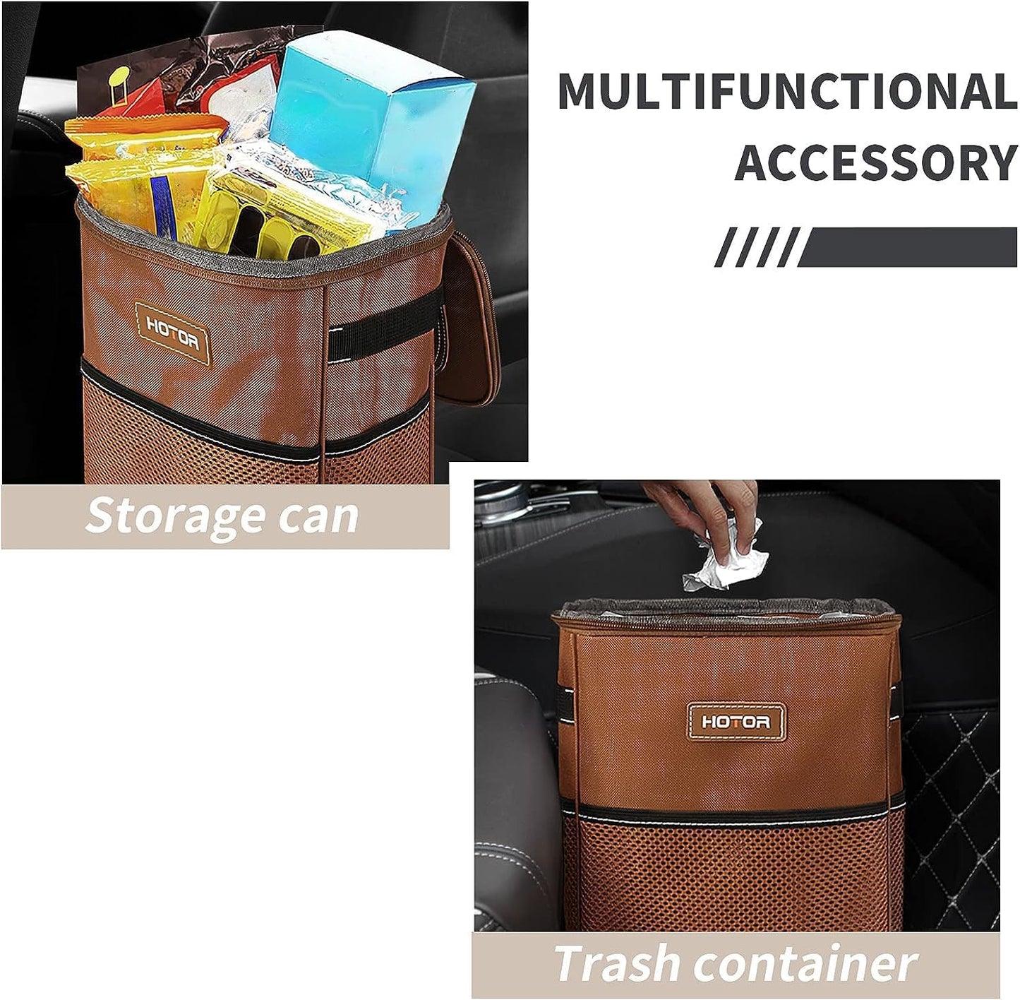 HOTOR Brown Car Trash Can with Adjustable Strap, Magnetic Snaps, Waterproof Lining, and Storage Pocket