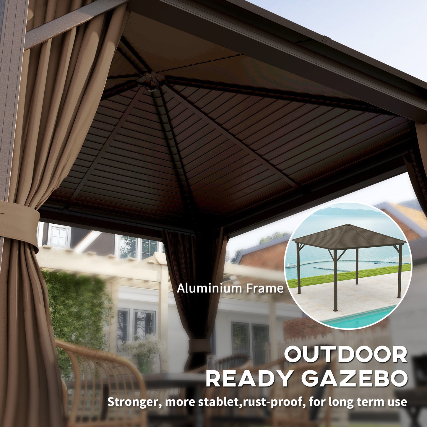 10x10 Aluminum Hardtop Gazebo Canopy with Curtains & Hook - Brown