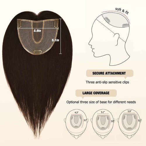 POWERASIA Large Coverage 5.1x5.9inch Hair Toppers for Women Real Human Hair No Bangs Swiss Base Wig Topper Womens Hair Topper for Thinning Hair 150% Density Remy Hair Wiglets #2