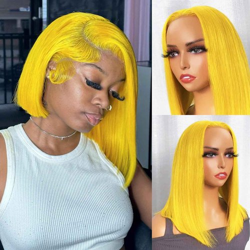 Licoville Yellow Bob Lace Front Wigs Human Hair 12 Inch Silky Straight Yellow Bob Wig 13x4 HD Frontal Lace Wig Pre Plucked Wear and Go Glueless Shor Bob Wigs Human Hair180% Density