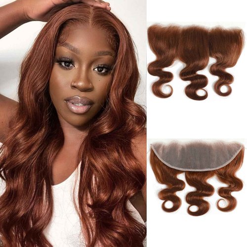 ALHER #33 Reddish Brown Body Wave 13x4 Lace Frontal Human Hair 22 Inch, Copper Brown Auburn Colored HD Transparent Lace Frontal Closure Ear to Ear 100% Virgin Remy Human Hair 150% Density