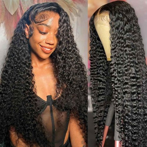 Nakkia 26 Inch Deep Wave Lace Front Wigs Human Hair 13x6 HD Transparent Lace Frontal Wig 180% Density Deep Curly Wet and Wavy Human Hair Pre Plucked Glueless Wigs for Women Natural Color