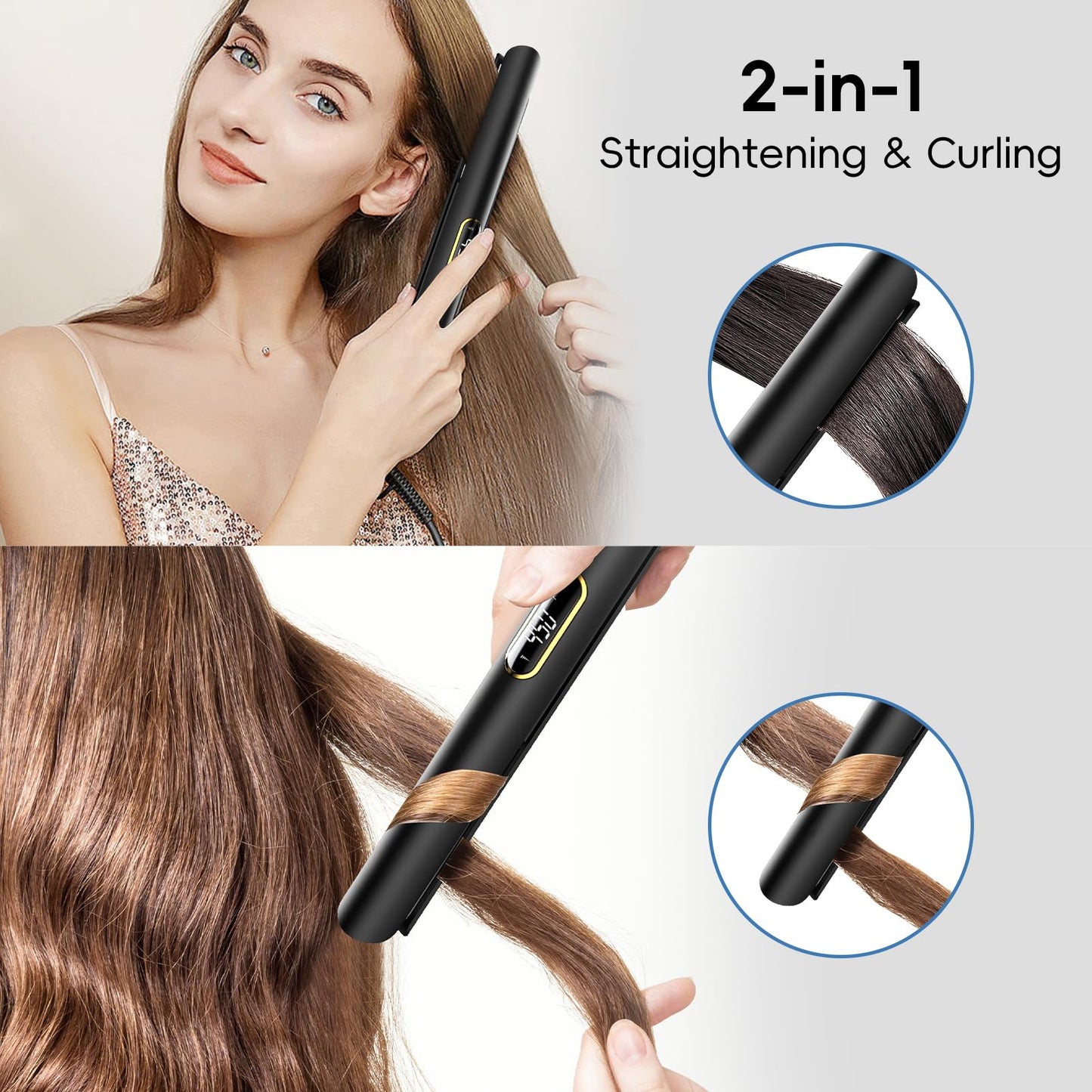 Nicebay Hair Straightener Flat Iron, Titanium Heater Surface, Hair Straightener and Curler, 5 Temp Settings, Fast Heating, Negative Ion, Wide Voltage for Travel, 1 Piece
