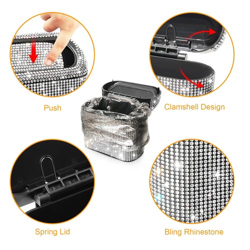 Accmor Bling Car Trash Can with 30pcs Garbage Bags, Vehicle Trash Bin with Lid Auto Dustbin Organizer Garbage Storage, Sparkling Crystal Mini Trash Container Holder