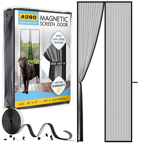 AUGO Magnetic Screen Door - Self Sealing, Heavy Duty, Hands Free Mesh Partition Keeps Bugs Out - Pet and Kid Friendly - Patent Pending Keep Open Feature - 38 Inch x 97 Inch