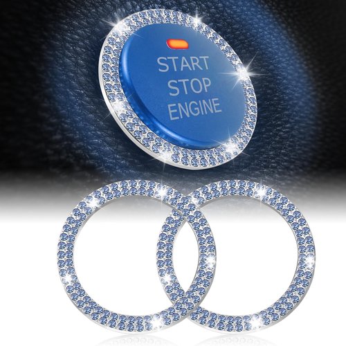 LivTee 2 PCS Crystal Double Rhinestone Car Engine Start Stop Decoration Ring, Bling Car Interior Accessories for Women, Push to Start Button Cover Sticker, Automotive Decals, Light Blue