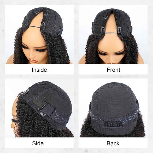 ISEE V Part Human Hair Kinky Curly Minimal/No Leave Out Upgrade U Part Wig for Black Women V Shape Kinky Curly Thin Part Glueless Clip In Half Wig 180% Density Natural Color 14 Inch