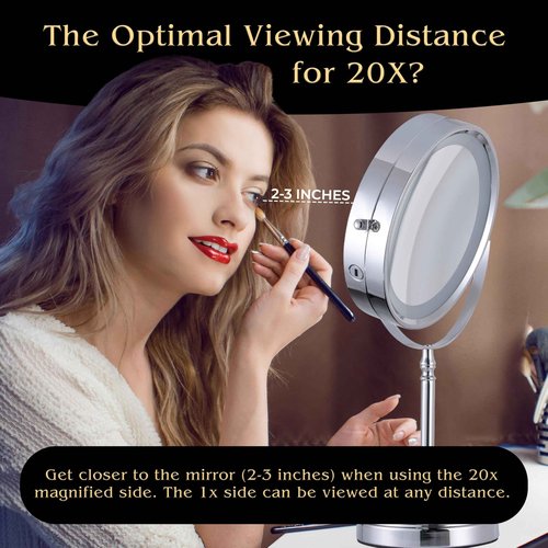 Ultra Zoom 20X Magnifying Lighted Table Mirror for Makeup - 20X & 1X Dual Sided LED Make-up Mirror with 3 Light Modes, Rechargeable Battery with USB Cable - 8" Wide & 15" Tall (Chrome)