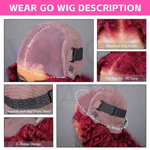 V SHOW 99J Burgundy Lace Front Wigs Human Hair 180% Density Deep Wave 7x5 HD Lace Closure Wig Human Hair Wine Red Glueless Wigs Human Hair Pre Plucked Pre Cut Burgundy Wig 20 Inch