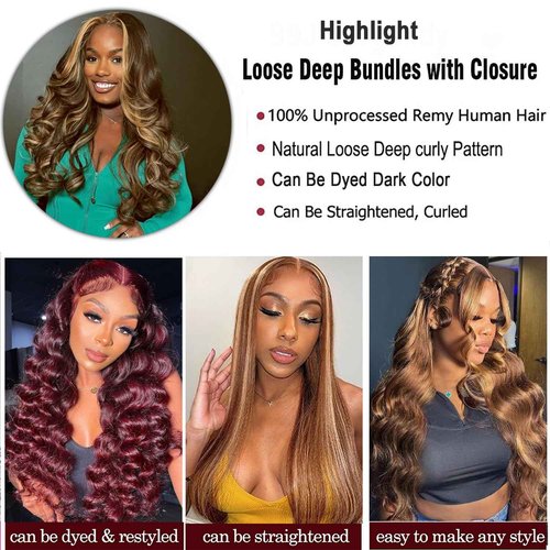 Loose Deep Wave Bundles With Closure Human Hair 16 18 20+16inch Ombré Highlight Loose Deep Wave Bundles Human Hair with 4x4 Lace Closure Brown Highlight Colored