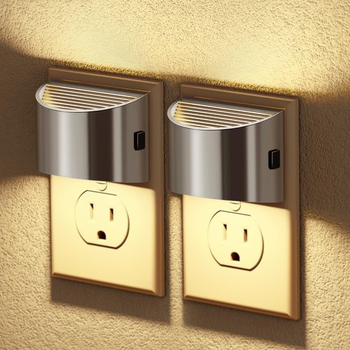 JandCase LED Night Lights Plug into Wall, 2 Pack Modern Night Lights, Dusk to Dawn Sensor Nightlight, 0-100LM Brightness Adjustable, 3000K Soft White(Silver)