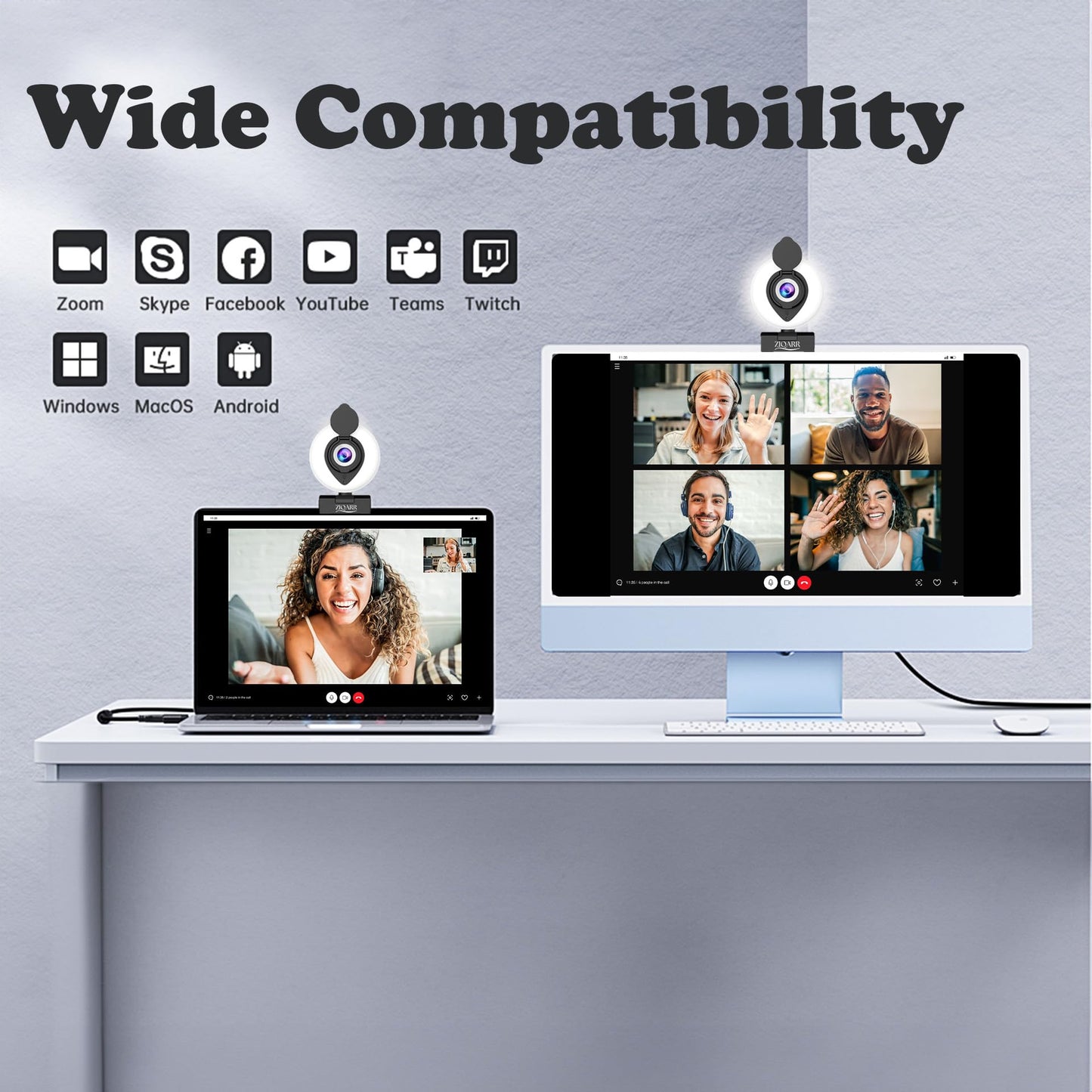 Ziqarr FHD 1080p All-in-One Webcam with Light and with Built-in Noise Reduction Microphone, Privacy Cover, Mini-Tripod and 110° Field of View for Streaming, Conferencing, Meetings and Gaming