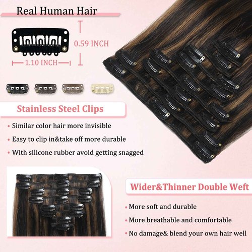 Clip in Hair Extensions Real Human Hair Clip in Extensions for Women Seamless Balayage Natural Black to Chestnut Brown Straight Remy 100% Human Clips ins Extension 8pcs Double Weft 18 inch 3.5oz/100g