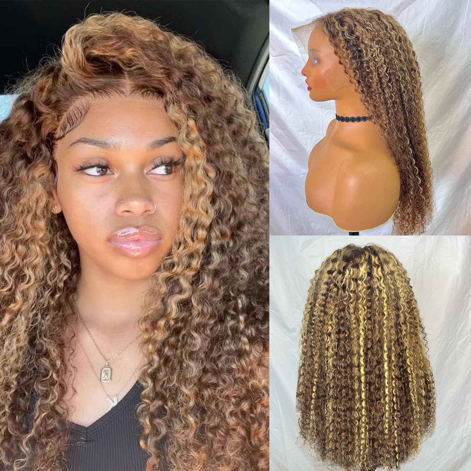 200 Density Honey Blonde Wig Human Hair 13x6 Deep Wave HD Transparent Lace Front Wigs Human Hair Pre Plucked 4/27 Highlight Ombre Jerry Curly Wet And Wavy 100% Human Hair Wigs For Black Women 28 inch