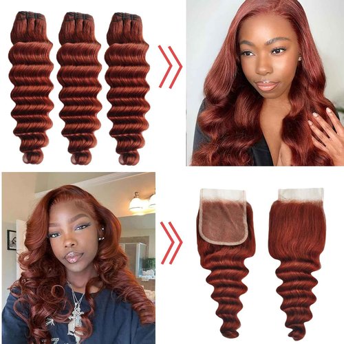 Loose Deep Wave Bundles Human Hair with Closure, 12a Reddish Brown Bundles with 4x4 Lace Closure 33# Copper Red Bundles Human Hair (Loose Deep Wave 14 16 18+14free)