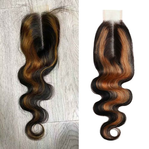 BQRIH F1B/30 Brown Highlighted 2x6 HD Closure Only Body Wave Human Hair 16 Inch, 12A 100% Virgin Remy Deep Middle Part Ombre Honey Blonde Highlight 2by6 Kim K Lace Closure Pre Plucked For Women Sew In