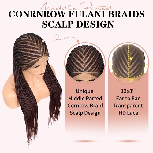 Lexqui 36 Inch Cornrow Braided Wigs 13X8 HD Lace Front Braid Wig for Women Braided Lace Front Wigs Middle Parted Box Braid Wig Synthetic Hair Full Lace Burgundy Red