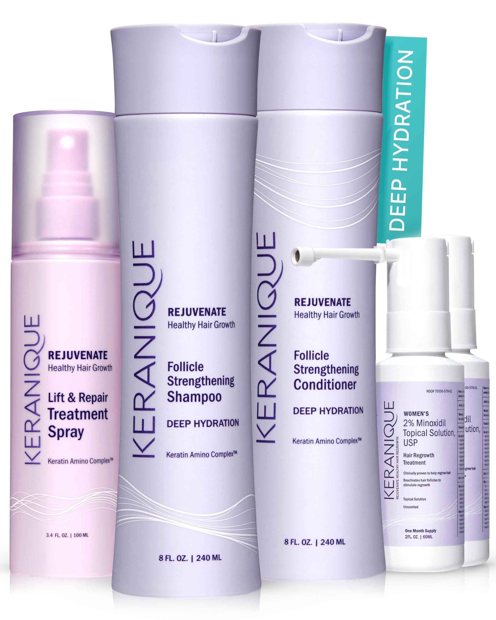 Keranique Hair Growth Products Set - 2% Minoxidil Keranique Hair Regrowth Treatment for Women - Deep Hydrating Shampoo and Conditioner - Hair Thickening & Volumizing Spray - Hair Loss Treatment System