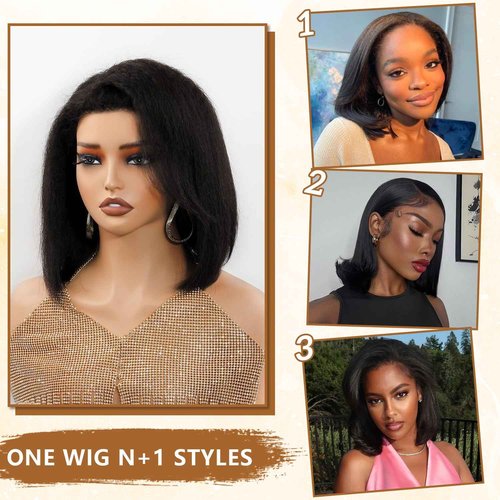 Msviki 4C Edges Baby Hair Kinky Straight Human Hair Wig Glueless Side Part Short Yaki Bob Wig Human Hair Thick End UHD 13x4 Lace Front Wig Pre-Bleached Natural Color Brazilian Virgin Hair 10"