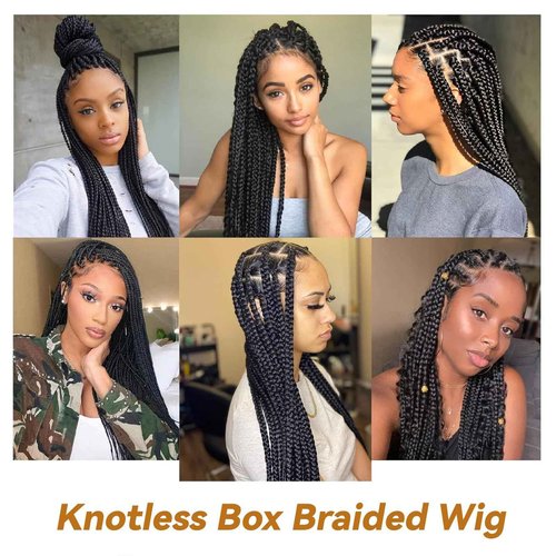 Top Remy Box Braided Wigs For Women 36"" Full Double Lace Braided Wig With Baby Hair Large Square Knotless Long Braided Wigs Synthetic Handmade Full Lace Braided Wig, Black