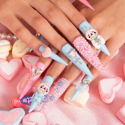 LOVFUL Press on Nails Pastel Dream | Handmade with Full Covered Crystals | Reusable Full Cover Nails | Stiletto Long 2.2 in | H52-L