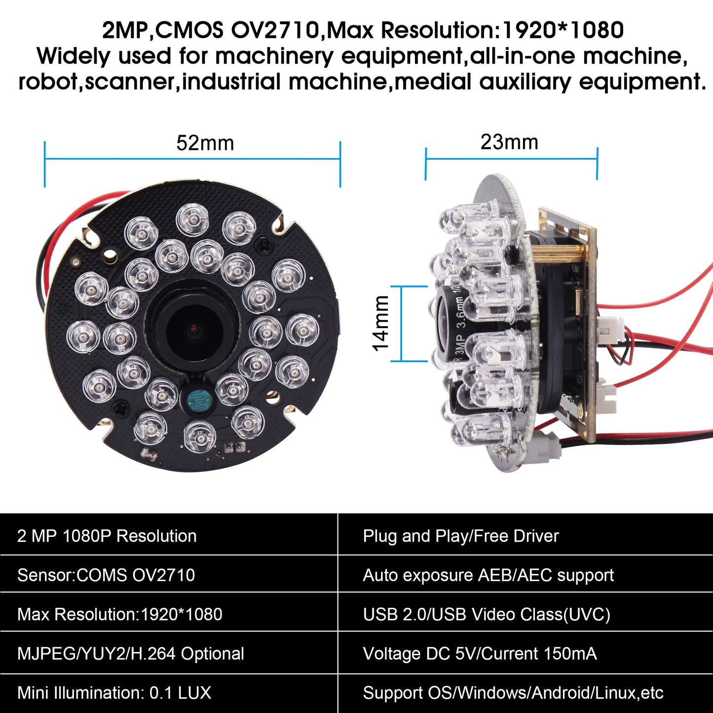 1080P Day Night Vision USB Camera Module IR Infrared Webcam Board 3.6mm Lens Wide Angle PC Camera Mini UVC USB2.0 Lightburn Camera High Speed 100fps Industrial Video USB with Camera for Computer
