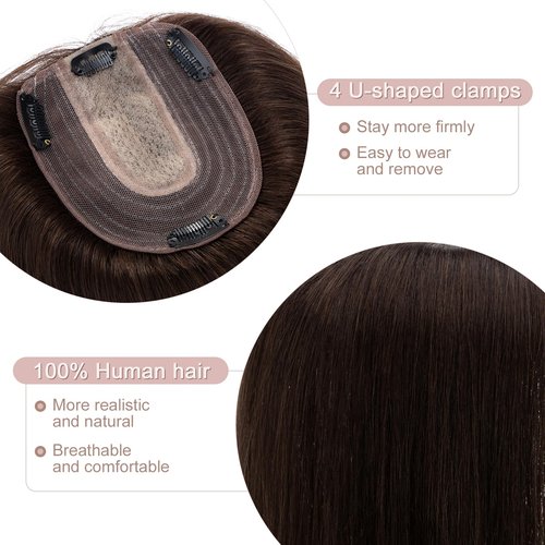 SEGO Pro Hair Toppers for Women Real Human Hair with No Bangs Upgrade Lace Base 3.9 * 4.7 Inch Clip In Topper Hairpieces for Women #02 Dark Brown 6 Inch
