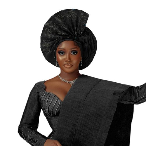 Nigerian Women's hat Folding Fan African Headscarf hat,African headpiece Auto Gel Headwear,Suitable for Weddings Parties (Black)