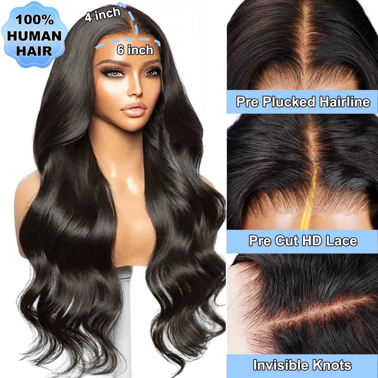 210% Density 6x4 Wear and Go Wig, 100% Human Hair, [2-year life], Body Wave Glueless Closure Wigs Human Hair Pre Plucked Pre Cut Middle Part, 24 Inch