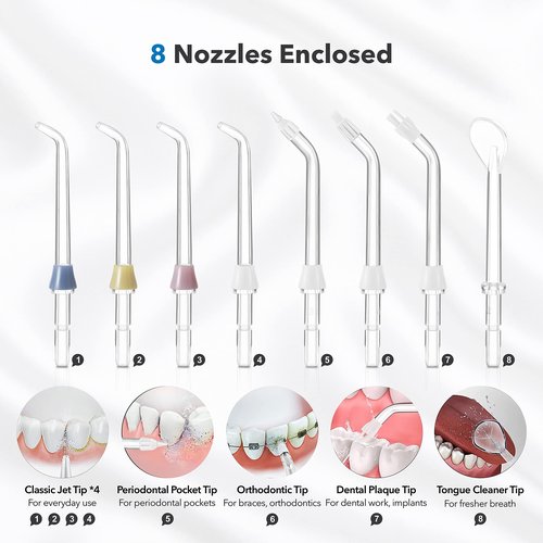 Zao's Selection Water Flosser, 1000ml Water Picks for Teeth Cleaning 30-130 PSI Teeth Cleaner, 8 Tips & Isolated Tip Storage, Dual Flow Control Power Dental Oral Irrigator for Braces