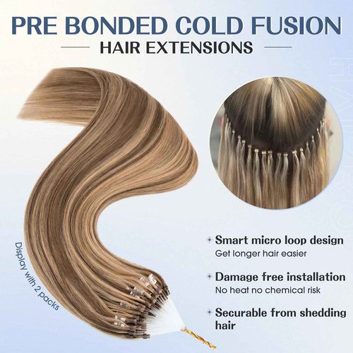 Hairro Microlinks Hair Extensions Highlighted Balayage Micro Bead Ring Loop Tipped Hair Seamless Straight Real Human Hair For Women 24 Inch 50g 50 Strands #4P27 Medium Brown mix Dark Blonde