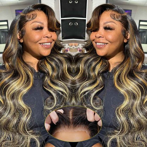 Highlight 5x5 HD Lace Closure Wigs Wear and Go Glueless Wigs Human Hair Pre Plucked Pre Cut 1B/27 Honey Blonde Body Wave Lace Front Wigs Human Hair for Women 180% Density 26Inch