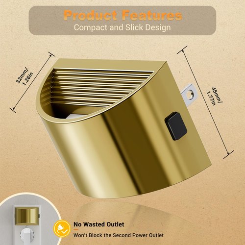 JandCase LED Night Lights Plug into Wall, 2 Pack Gold Modern Night Lights, Dusk to Dawn Sensor Nightlight,0-100LM Brightness Adjustable, 3000K Soft White