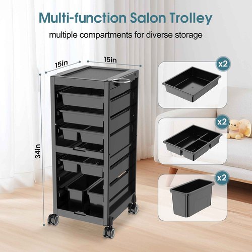 Salon Trolley Salon Cart on Wheels Rolling Tray Large Storage Salon Trolley W/Hair Dryer Holder, 4 Remove Drawers, 2 Buckets for Salon Spa Store