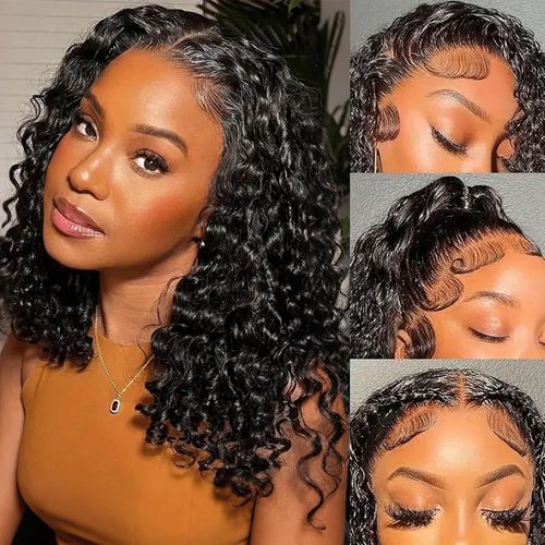 Curly Bob Wig Human Hair 13x4 Deep Wave HD Lace Front Wigs Human Hair 220% Density Short Curly Wet And Wavy Human Hair Wigs for Black Women Glueless curly Wig With Baby Hair (Natural Black, 16 Inch)