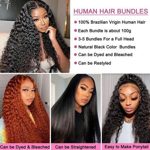 Deep Wave Human Hair Bundles 18 20 22 Inch 12A Brazilia Human Hair Bundles Wet and Wavy Curly Bundles Human Hair Extensions for Women Natural Color